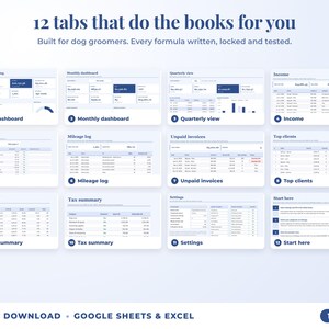 All 12 tabs of the bookkeeping spreadsheet: dashboards, income, expenses, mileage, unpaid invoices, top clients, tax summary