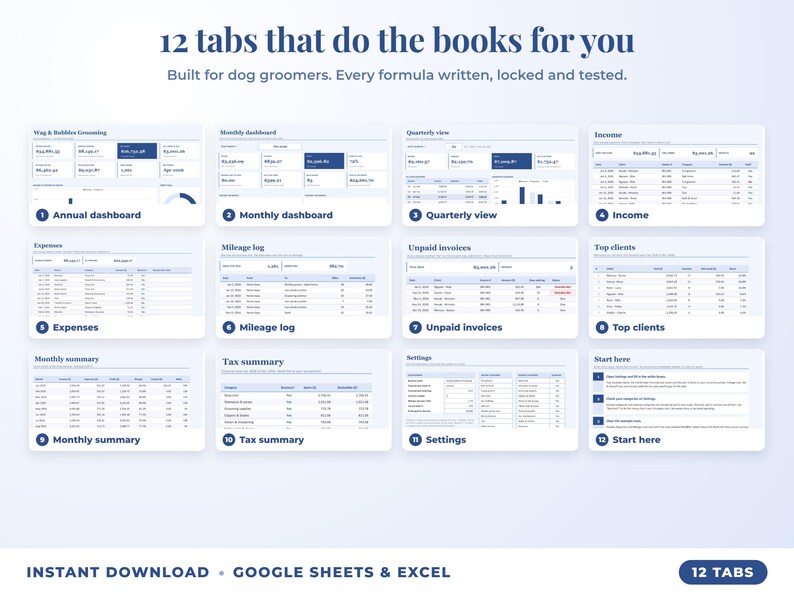 All 12 tabs of the bookkeeping spreadsheet: dashboards, income, expenses, mileage, unpaid invoices, top clients, tax summary