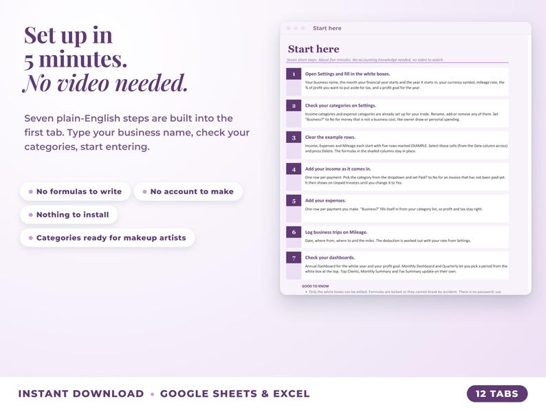 Start here tab with seven setup steps, no video needed
