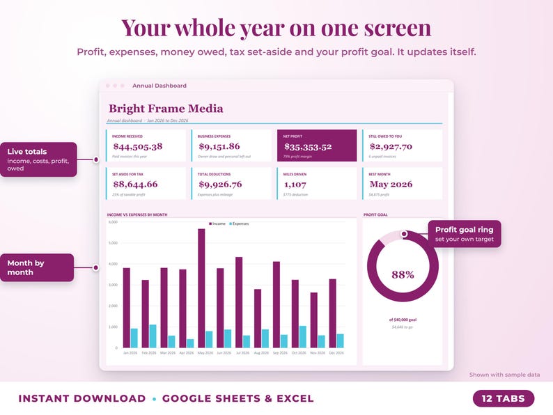 Annual dashboard with income, expenses, net profit, money owed, profit goal ring and category charts
