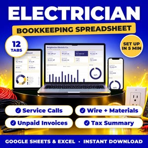 Puede incluir: Una hoja de cálculo de contabilidad digital para electricistas mostrada en una computadora portátil, tableta y teléfono inteligente. La pantalla muestra datos financieros, gráficos y el texto Brightwire Electric Co. Incluye cable rojo y negro, un multímetro y un enchufe.