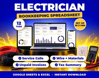 May include: A digital bookkeeping spreadsheet for electricians displayed on a laptop, tablet, and smartphone. The screen shows financial data, charts, and the text Brightwire Electric Co. Includes red and black wire, a multimeter, and an outlet.