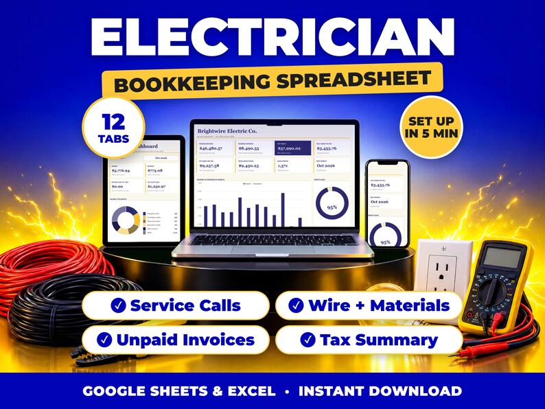 Electrician bookkeeping spreadsheet for Google Sheets and Excel on laptop, tablet and phone