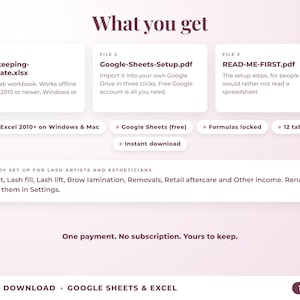 What is included: 12-tab Excel workbook, Google Sheets setup guide and read-me-first guide