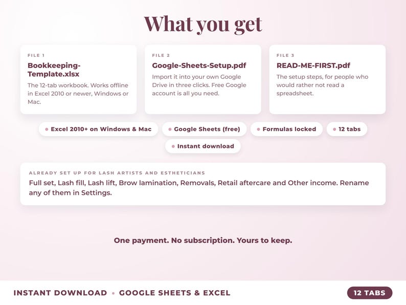 What is included: 12-tab Excel workbook, Google Sheets setup guide and read-me-first guide