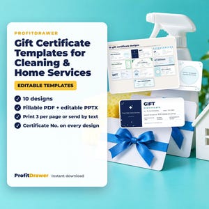 Puede incluir: Una pantalla de producto digital para plantillas de certificados de regalo ProfitDrawer para servicios de limpieza y hogar. El gráfico presenta 10 diseños editables, formatos PDF y PPTX rellenables y opciones de impresión junto a un rociador.
