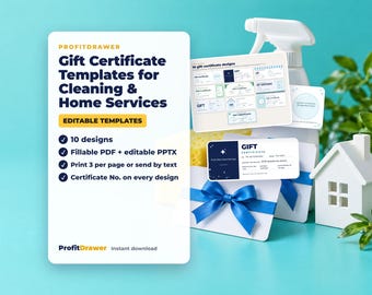 May include: A digital product display for ProfitDrawer Gift Certificate Templates for Cleaning & Home Services. The graphic features 10 editable designs, fillable PDF and PPTX formats, and printing options, alongside a spray bottle and house model.