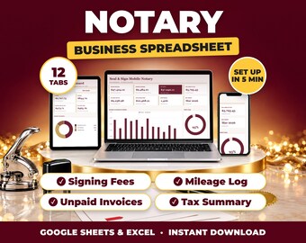 Kalkylblad för notariebokföring, inkomst- och utgiftsspårare för låneombud, körsträckalogg, skattesammanfattning (Google Sheets + Excel)
