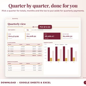 Quarterly view with quarter selector, quarterly totals, chart and tax set-aside