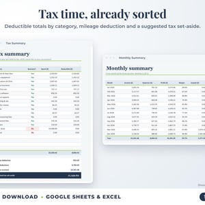 Tax summary with deductible totals, mileage deduction and suggested tax set-aside, plus monthly summary