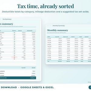 Tax summary with deductible totals, mileage deduction and suggested tax set-aside, plus monthly summary