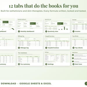 All 12 tabs of the bookkeeping spreadsheet: dashboards, income, expenses, mileage, unpaid invoices, top clients, tax summary