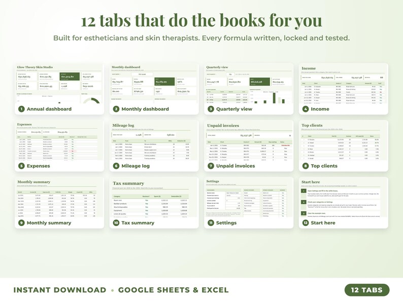 All 12 tabs of the bookkeeping spreadsheet: dashboards, income, expenses, mileage, unpaid invoices, top clients, tax summary
