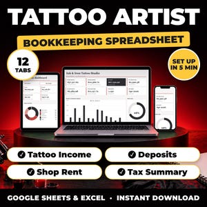 Puede incluir: Una hoja de cálculo de contabilidad digital para tatuadores mostrada en una computadora portátil, tableta y teléfono inteligente. La pantalla muestra datos financieros de Ink & Iron Tattoo Studio. El texto incluye Tattoo Artist, 12 Tabs, Set Up In 5 Min.