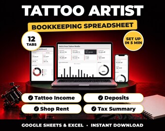 Kalkylblad för bokföring för tatuerare, inkomst-, depositions- och utgiftsspårare för tatueringsstudio, skattesammanfattning (Google Sheets + Excel)