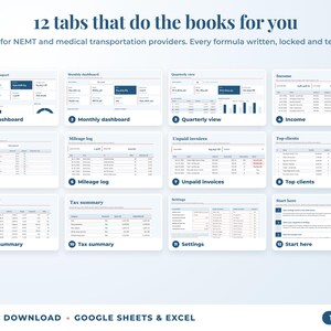 All 12 tabs of the bookkeeping spreadsheet: dashboards, income, expenses, mileage, unpaid invoices, top clients, tax summary