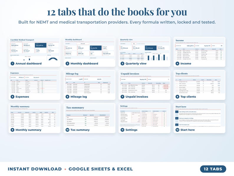 All 12 tabs of the bookkeeping spreadsheet: dashboards, income, expenses, mileage, unpaid invoices, top clients, tax summary