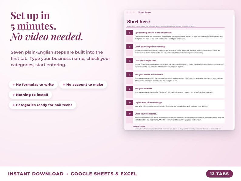Start here tab with seven setup steps, no video needed