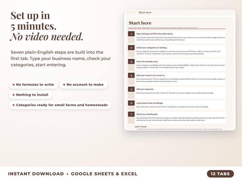 Start here tab with seven setup steps, no video needed