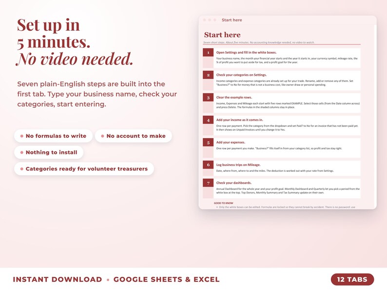 Start here tab with seven setup steps, no video needed