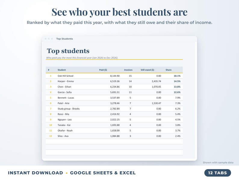 Top students ranked by income with invoices, amount owed and share of income