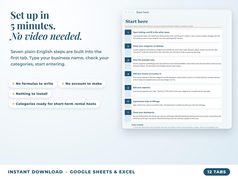 Start here tab with seven setup steps, no video needed
