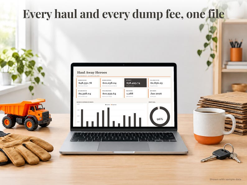 Junk Removal bookkeeping spreadsheet annual dashboard open on a laptop on a desk