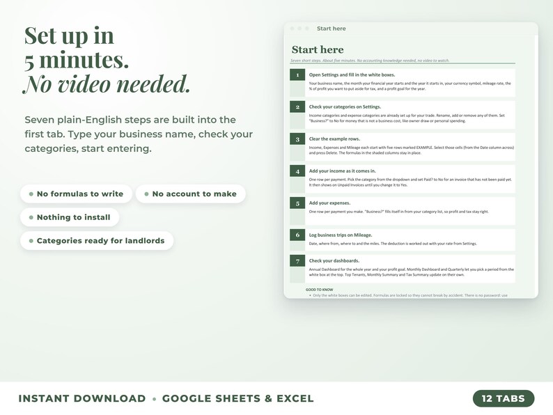Start here tab with seven setup steps, no video needed