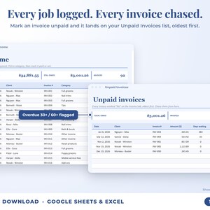 Income sheet and unpaid invoices list with overdue flags