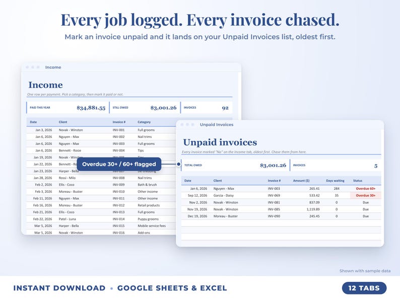 Income sheet and unpaid invoices list with overdue flags