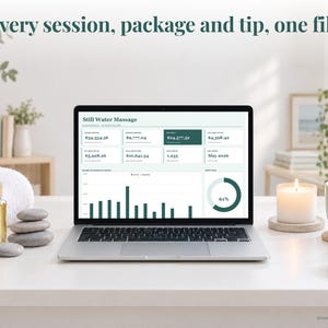 Massage Therapist bookkeeping spreadsheet annual dashboard open on a laptop on a desk