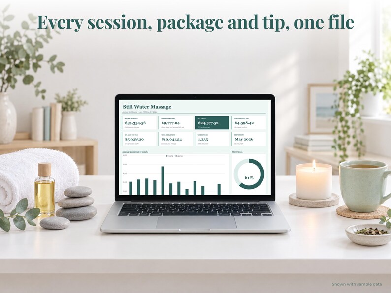 Massage Therapist bookkeeping spreadsheet annual dashboard open on a laptop on a desk