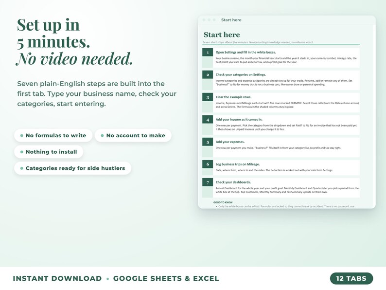Start here tab with seven setup steps, no video needed