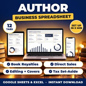 Author bookkeeping spreadsheet for Google Sheets and Excel on laptop, tablet and phone