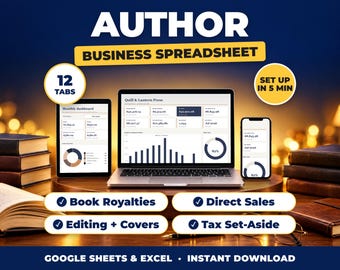 Einnahmen-Tracker für Autoren, Buchhaltungstabelle für selbstveröffentlichende Autoren, Buchhonorare und Ausgaben, Steuerübersicht (Google Sheets + Excel)