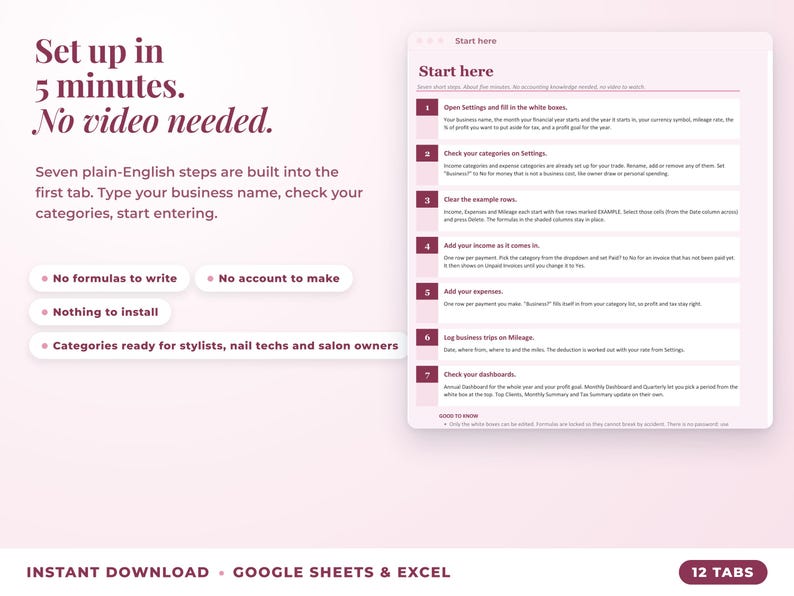 Start here tab with seven setup steps, no video needed