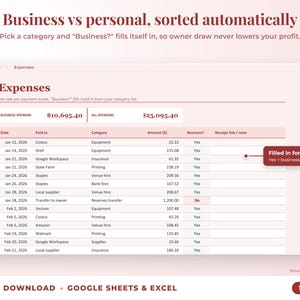 Expenses sheet where business or personal is filled in automatically from the category