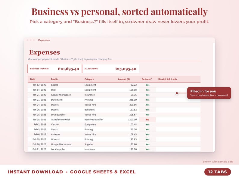 Expenses sheet where business or personal is filled in automatically from the category