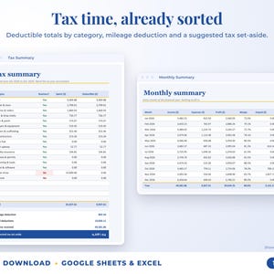 Tax summary with deductible totals, mileage deduction and suggested tax set-aside, plus monthly summary