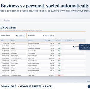 Expenses sheet where business or personal is filled in automatically from the category