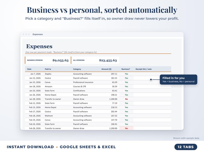 Expenses sheet where business or personal is filled in automatically from the category