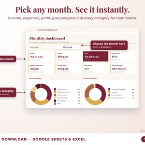 Monthly dashboard with a month dropdown, monthly profit, goal progress and category breakdown