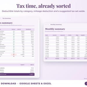 Tax summary with deductible totals, mileage deduction and suggested tax set-aside, plus monthly summary