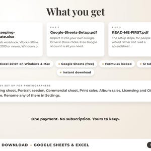 What is included: 12-tab Excel workbook, Google Sheets setup guide and read-me-first guide