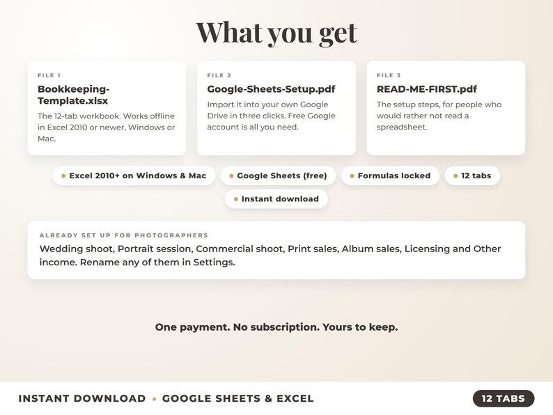 What is included: 12-tab Excel workbook, Google Sheets setup guide and read-me-first guide