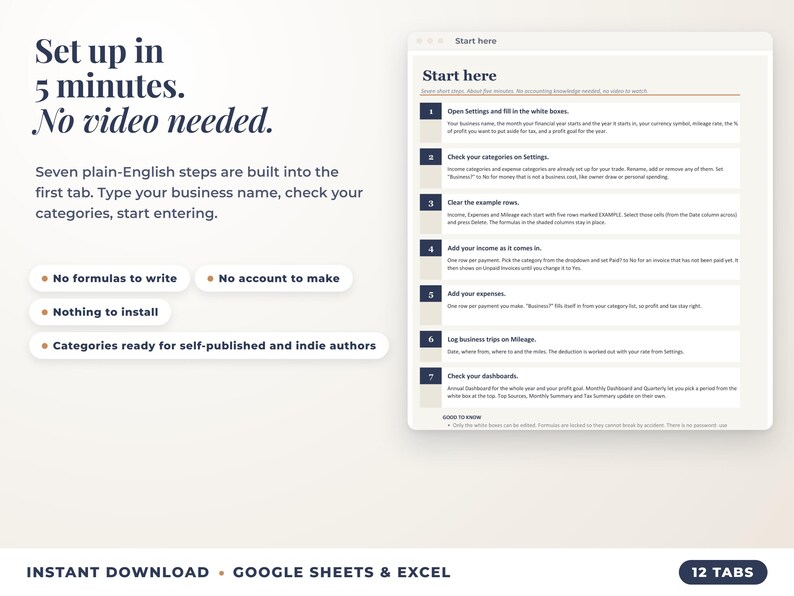 Start here tab with seven setup steps, no video needed