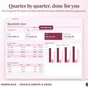 Quarterly view with quarter selector, quarterly totals, chart and tax set-aside
