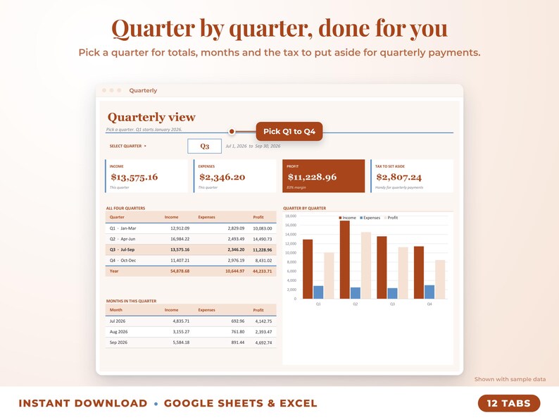 Quarterly view with quarter selector, quarterly totals, chart and tax set-aside