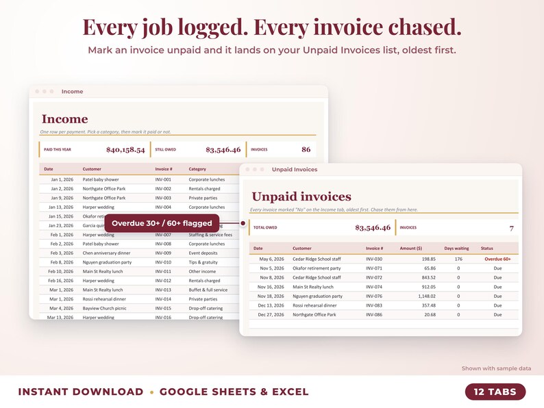 Income sheet and unpaid invoices list with overdue flags