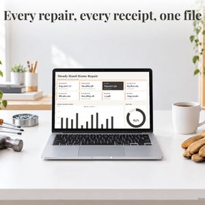 Handyman bookkeeping spreadsheet annual dashboard open on a laptop on a desk